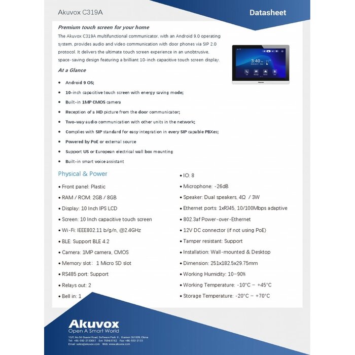 Akuvox Akuvox C319A Android Intercom Binnenpost - 10" IPS Touchscreen met PoE & Wi-Fi