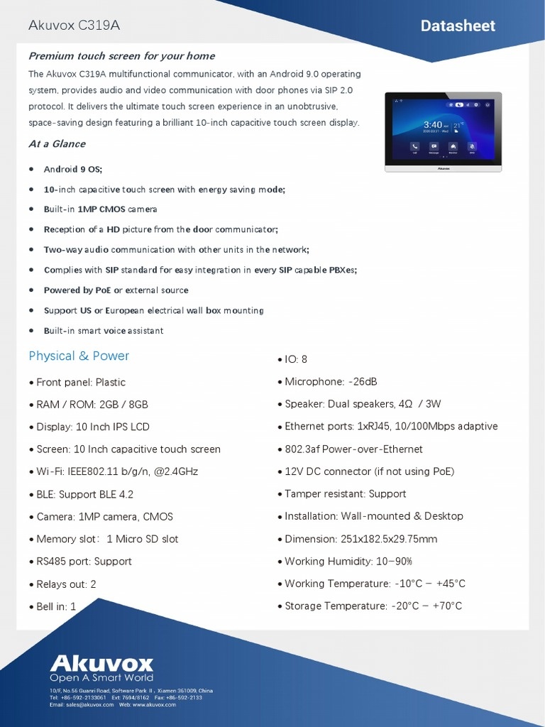 Akuvox Akuvox C319A Android Intercom Binnenpost 10" Touchscreen PoE Wi-Fi, foto 4 van 6