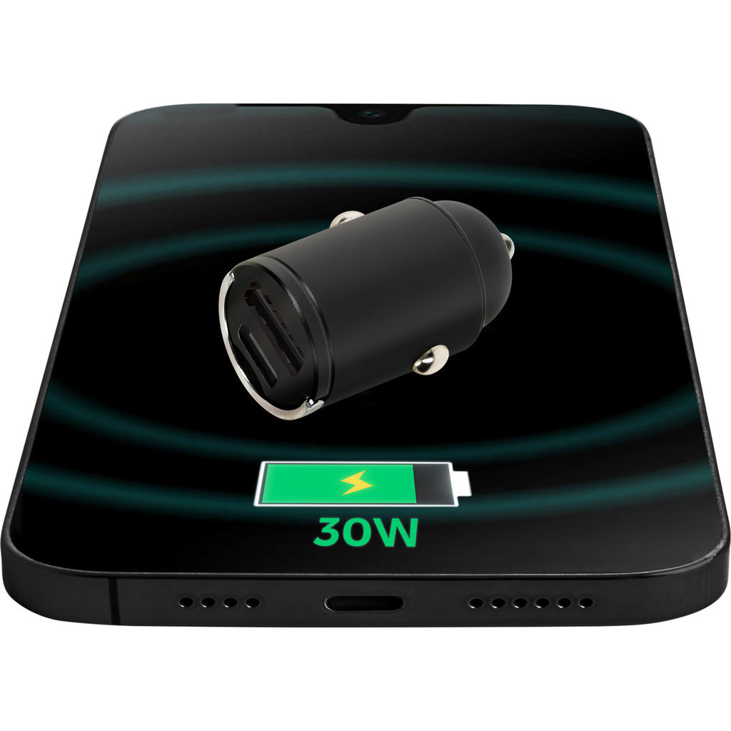 Mobiparts Mobiparts 30W Dual USB-C & USB-A Autolader - PD Fast Charging - Zwart