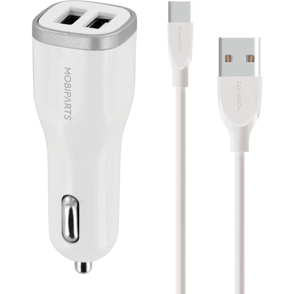 Mobiparts Mobiparts Dual USB Autolader 12W met USB-C Kabel - Wit