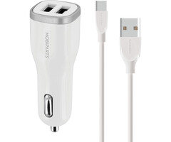 Mobiparts Mobiparts Dual USB Autolader 24W - 4.8A met USB-C Kabel - Wit