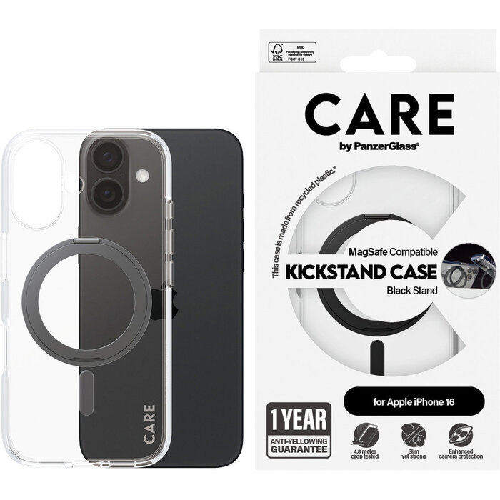 CARE by PanzerGlass PanzerGlass CARE MagSafe Hoesje iPhone 16 met Kickstand - Transparant