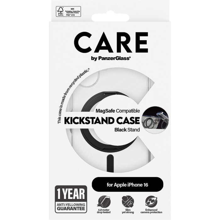 CARE by PanzerGlass PanzerGlass CARE MagSafe Hoesje iPhone 16 met Kickstand - Transparant