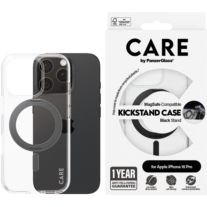 CARE by PanzerGlass PanzerGlass CARE Case voor iPhone 16 Pro - Transparant met MagSafe & Kickstand