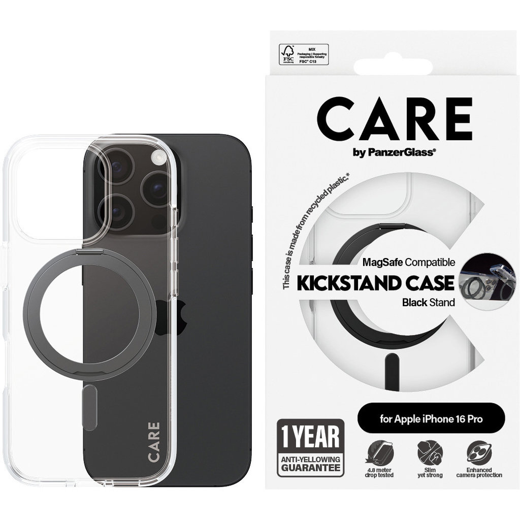 CARE by PanzerGlass PanzerGlass CARE Case voor iPhone 16 Pro - Transparant met MagSafe & Kickstand