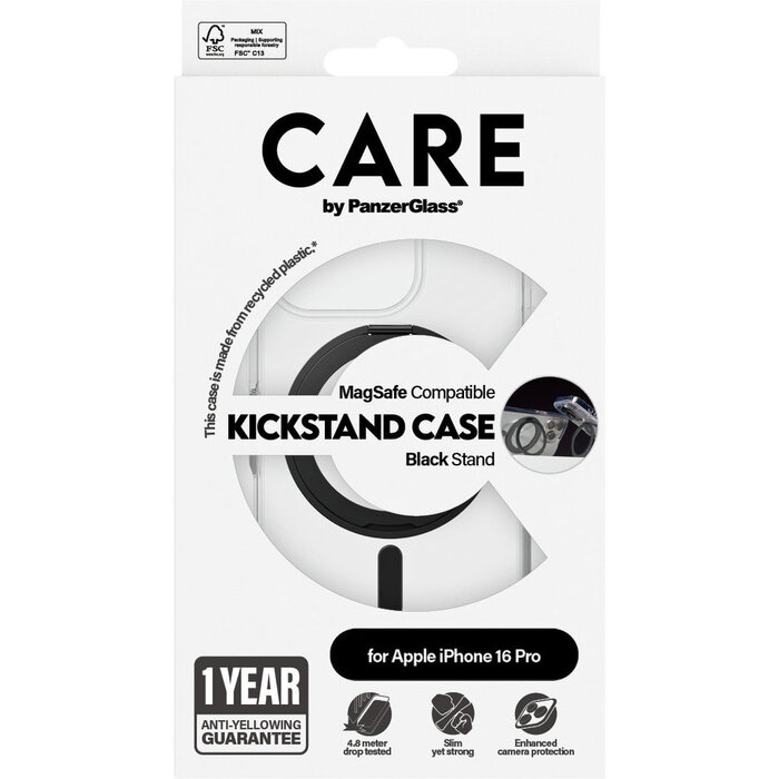 CARE by PanzerGlass CARE by PanzerGlass Feature Case Transparent w. Black Kickstand & MagSafe iPhone 16 Pro
