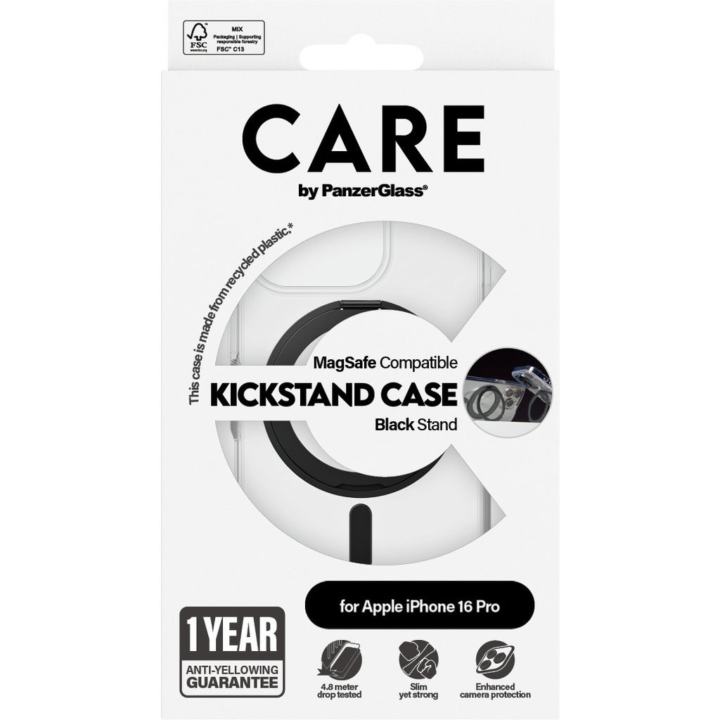 CARE by PanzerGlass CARE by PanzerGlass Feature Case Transparent w. Black Kickstand & MagSafe iPhone 16 Pro