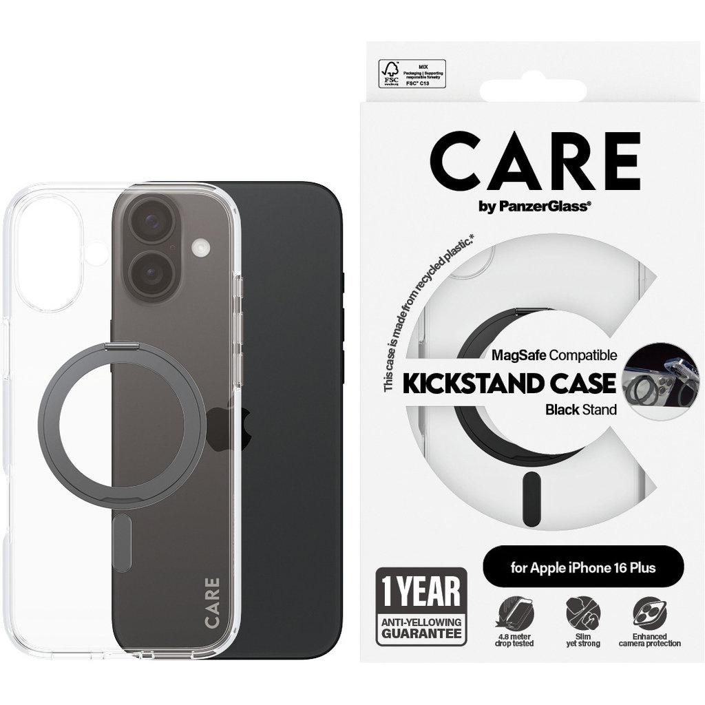 CARE by PanzerGlass CARE by PanzerGlass Feature Case Transparent w. Black Kickstand & MagSafe iPhone 16 Plus