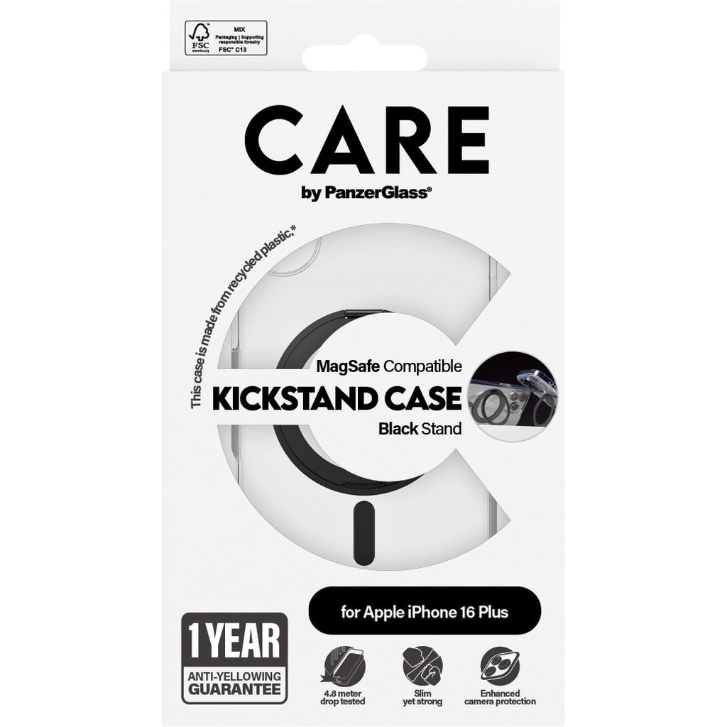 CARE by PanzerGlass CARE by PanzerGlass Feature Case Transparent w. Black Kickstand & MagSafe iPhone 16 Plus