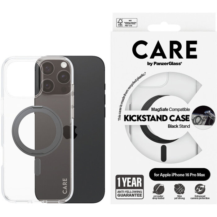 CARE by PanzerGlass CARE by PanzerGlass Feature Case Transparent w. Black Kickstand & MagSafe iPhone 16 Pro Max