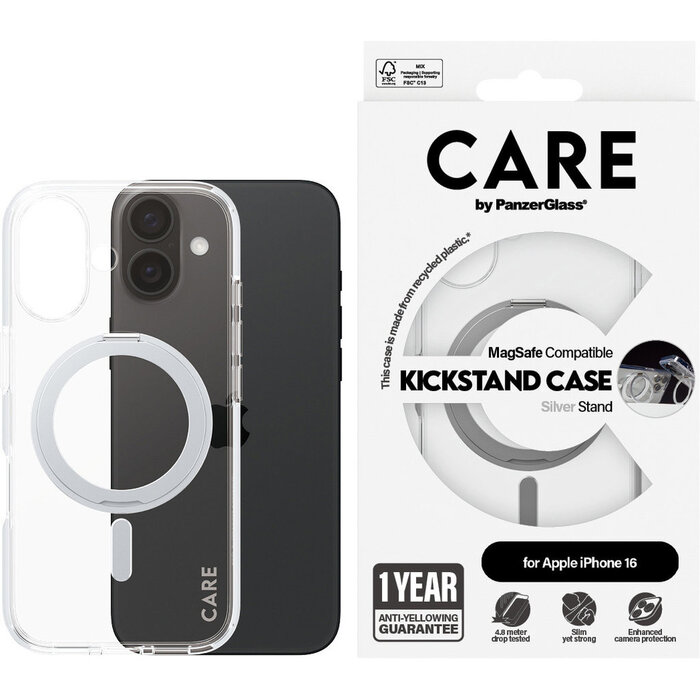CARE by PanzerGlass PanzerGlass CARE iPhone 16 Hoesje - Transparant met MagSafe & Kickstand
