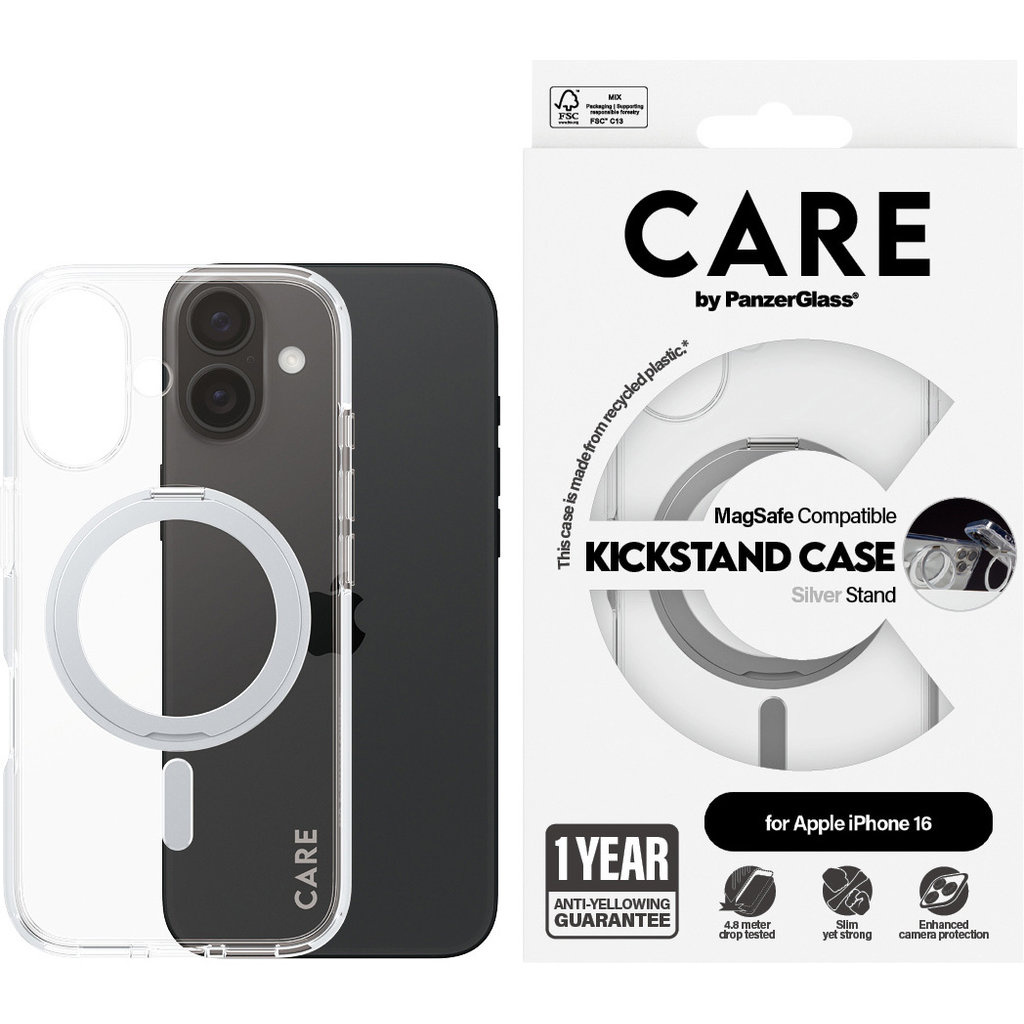CARE by PanzerGlass PanzerGlass CARE iPhone 16 Hoesje - Transparant met MagSafe & Kickstand