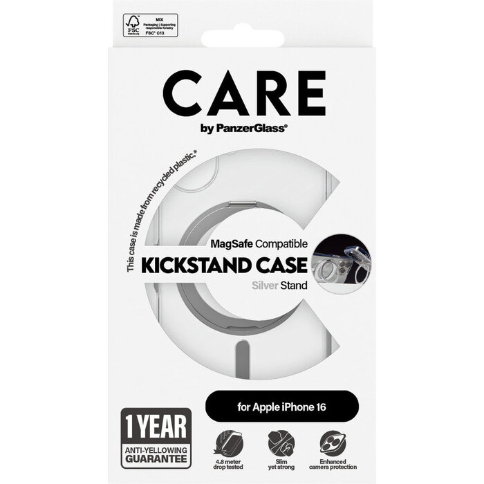 CARE by PanzerGlass PanzerGlass CARE iPhone 16 Hoesje - Transparant met MagSafe & Kickstand