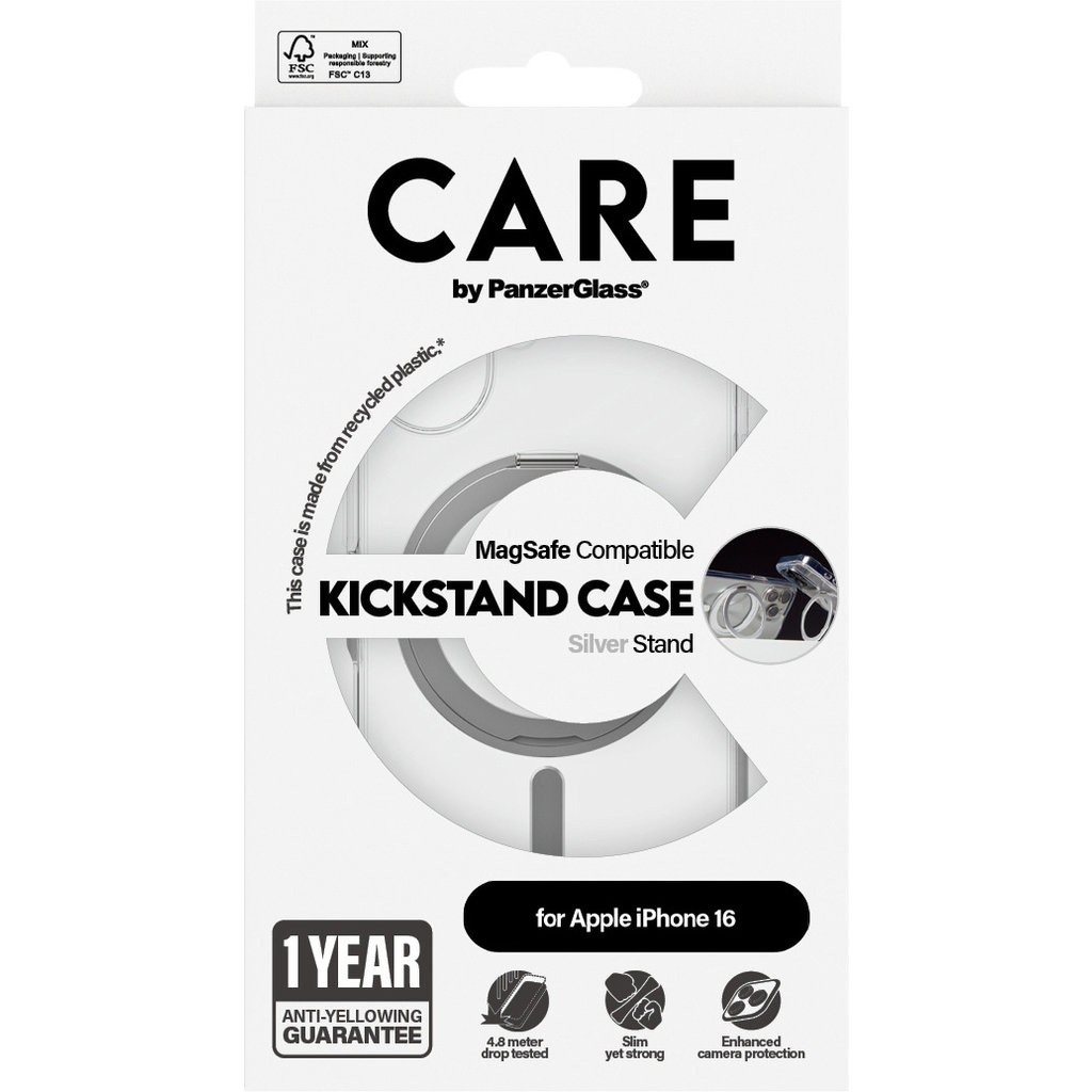CARE by PanzerGlass PanzerGlass CARE iPhone 16 Hoesje - Transparant met MagSafe & Kickstand