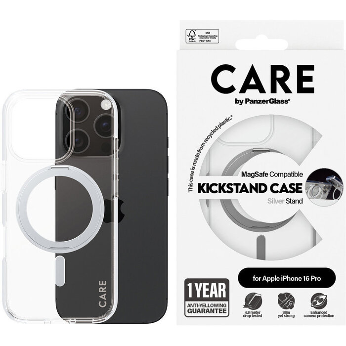 CARE by PanzerGlass CARE by PanzerGlass Feature Case Transparent w. Silver Kickstand & MagSafe iPhone 16 Pro