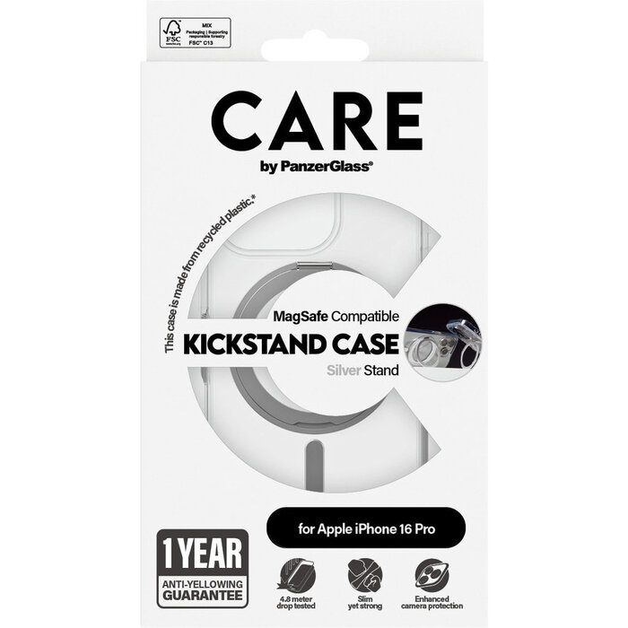 CARE by PanzerGlass CARE by PanzerGlass Feature Case Transparent w. Silver Kickstand & MagSafe iPhone 16 Pro