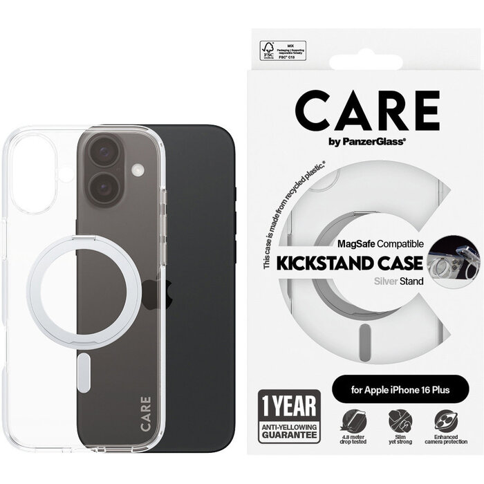 CARE by PanzerGlass PanzerGlass CARE Case voor iPhone 16 Plus - Transparant met MagSafe & Kickstand