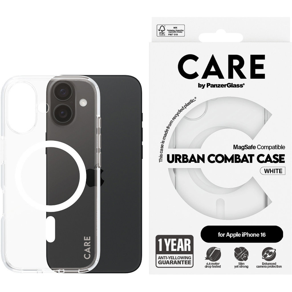 CARE by PanzerGlass CARE by PanzerGlass Flagship Case Transparent Urban Combat w. White MagSafe iPhone 16, foto 2 van 5