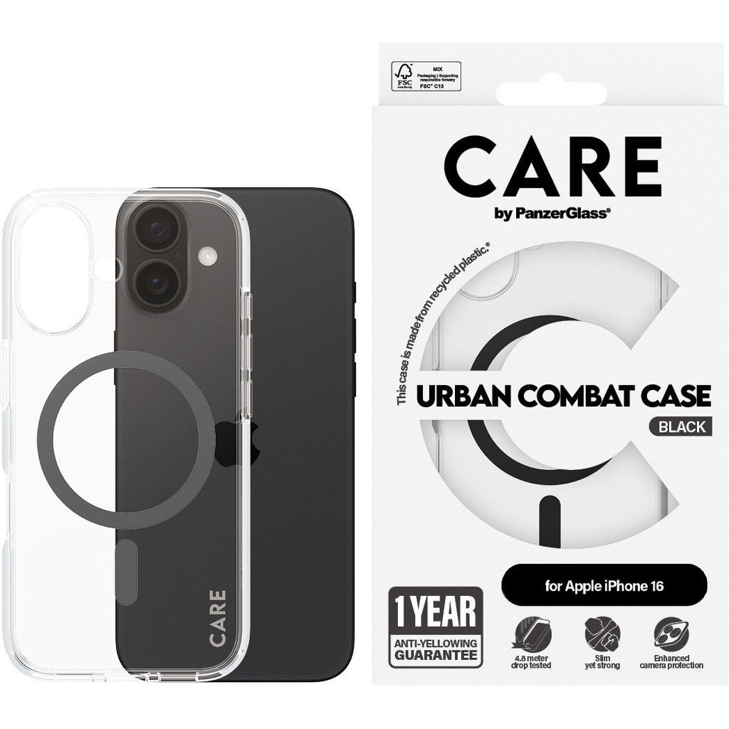 CARE by PanzerGlass CARE by PanzerGlass Flagship Case Transparent Urban Combat w. Black MagSafe iPhone 16, foto 2 van 5