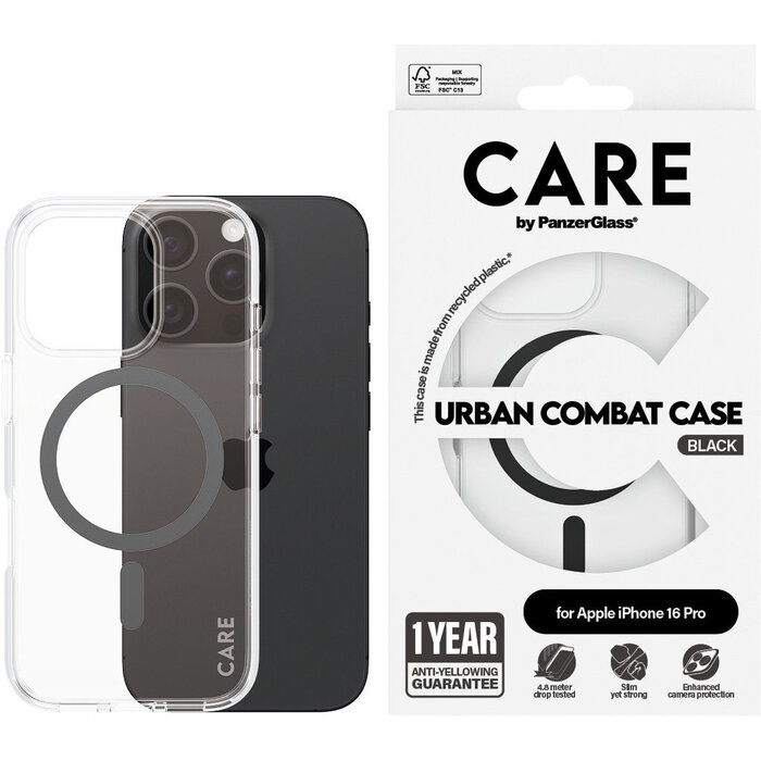 CARE by PanzerGlass PanzerGlass Urban Combat MagSafe Case voor iPhone 16 Pro - Transparant/Zwart