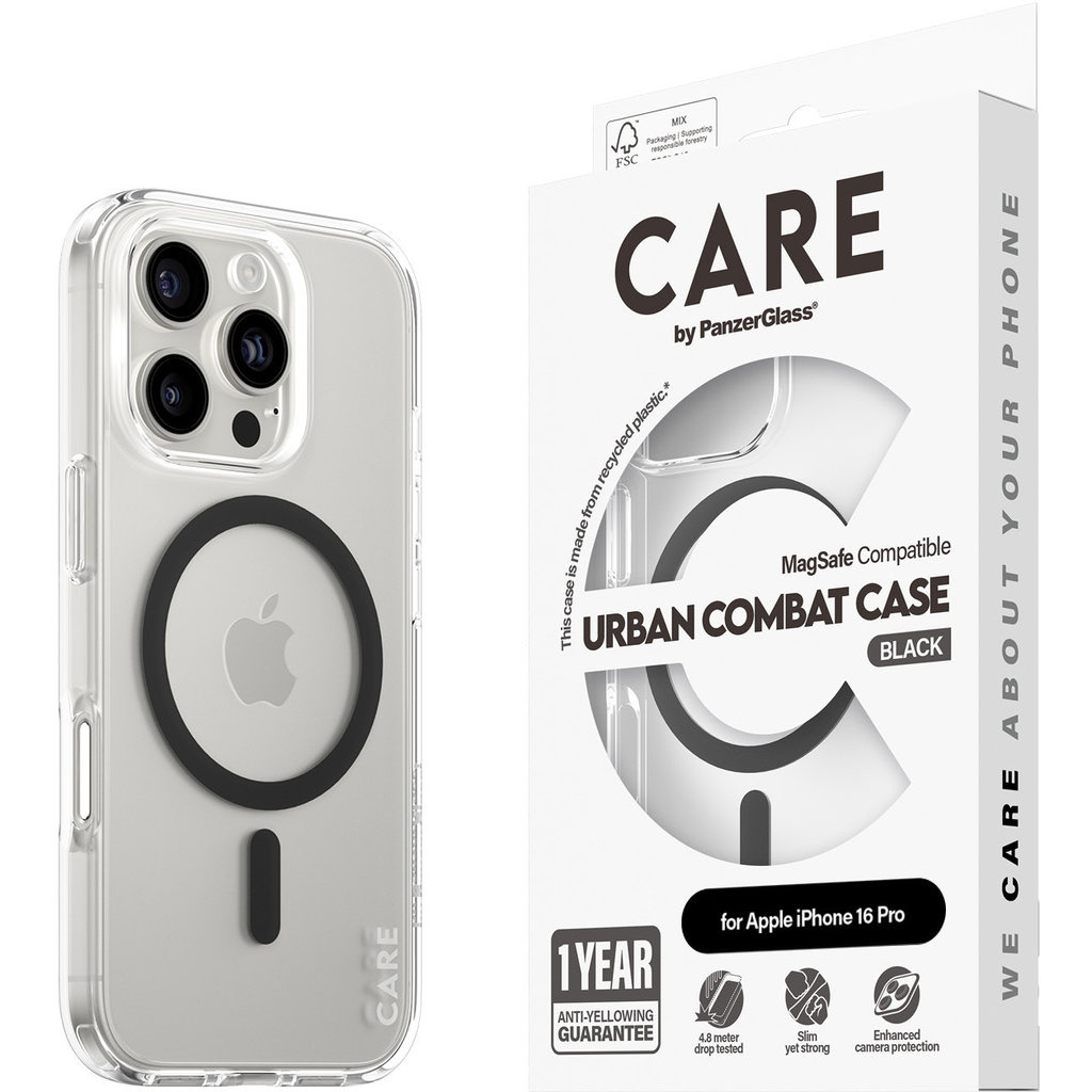 CARE by PanzerGlass PanzerGlass Urban Combat MagSafe Case voor iPhone 16 Pro - Transparant/Zwart