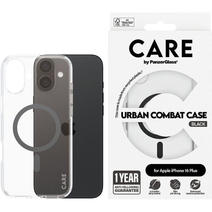 CARE by PanzerGlass PanzerGlass Urban Combat MagSafe Case iPhone 16 Plus - Transparant/Zwart