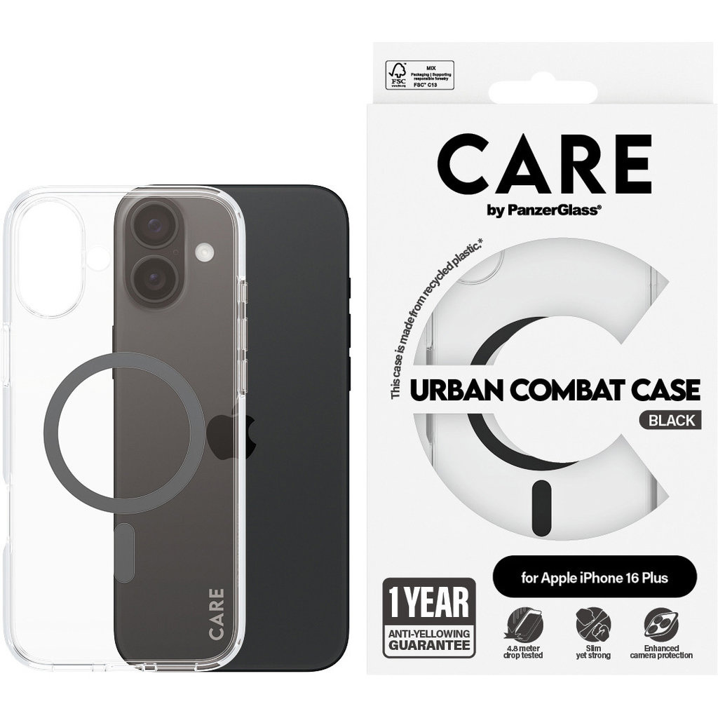 CARE by PanzerGlass PanzerGlass Urban Combat MagSafe Case iPhone 16 Plus - Transparant/Zwart, foto 3 van 5