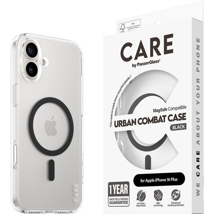 CARE by PanzerGlass PanzerGlass Urban Combat MagSafe Case iPhone 16 Plus - Transparant/Zwart