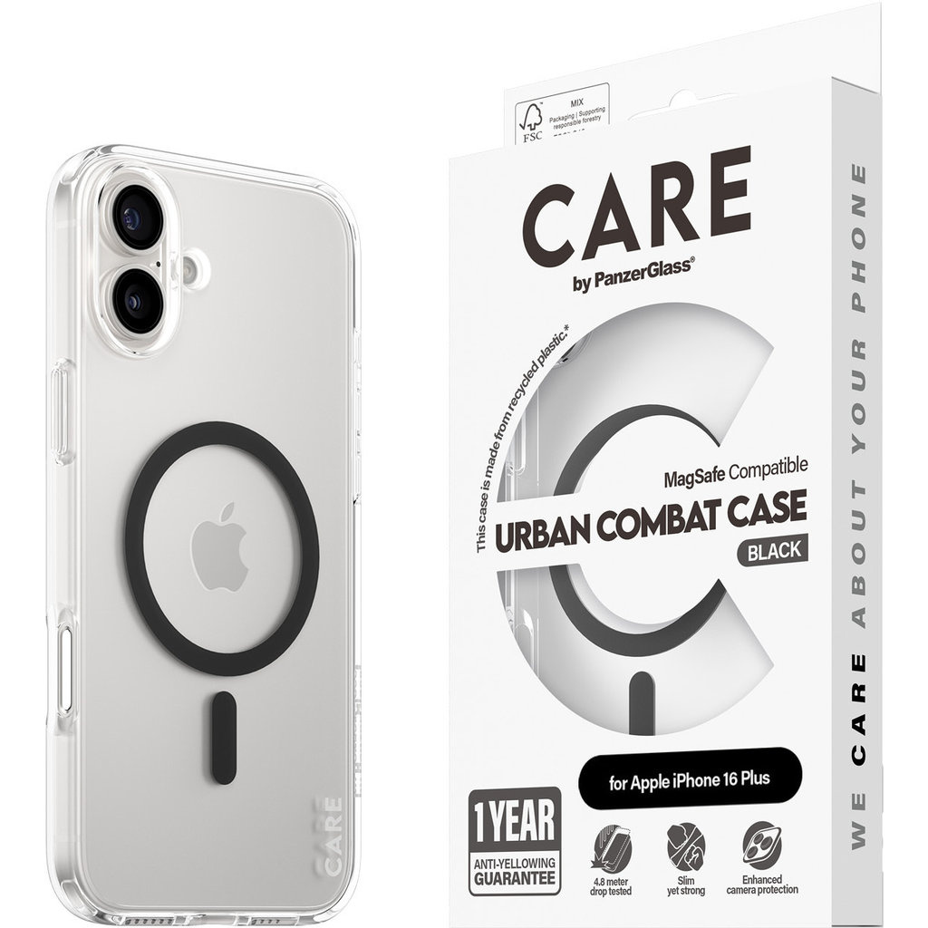CARE by PanzerGlass PanzerGlass Urban Combat MagSafe Case iPhone 16 Plus - Transparant/Zwart, foto 5 van 5