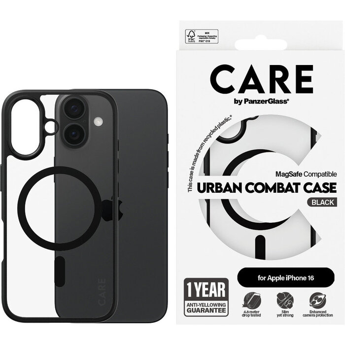 CARE by PanzerGlass CARE by PanzerGlass Flagship Case Transparent Urban Combat w. Black Frame & MagSafe iPhone 16