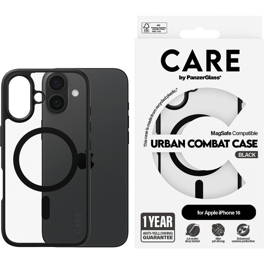 CARE by PanzerGlass PanzerGlass Urban Combat MagSafe Case iPhone 16 - Transparant/Zwart, foto 2 van 5