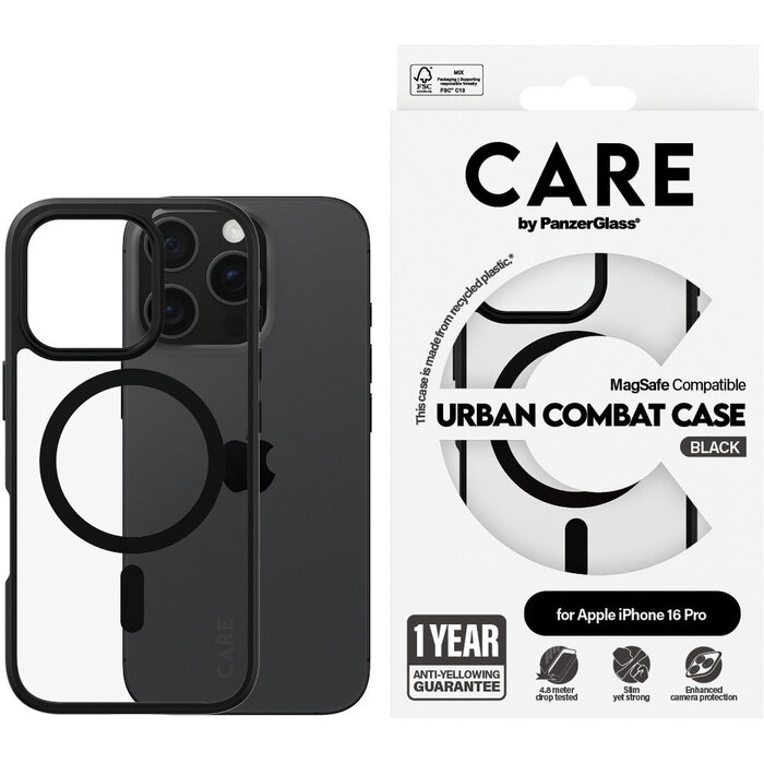 CARE by PanzerGlass CARE by PanzerGlass Flagship Case Transparent Urban Combat w. Black Frame & MagSafe iPhone 16 Pro