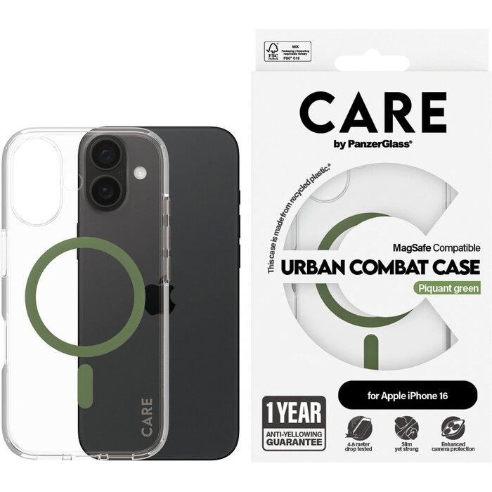 CARE by PanzerGlass CARE by PanzerGlass Flagship Case Transparent Urban Combat w. Green MagSafe iPhone 16