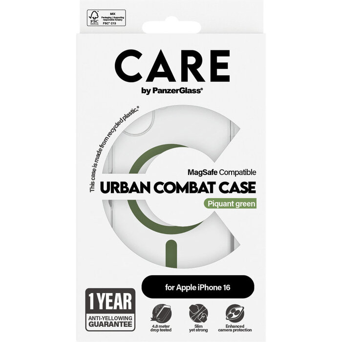 CARE by PanzerGlass CARE by PanzerGlass Flagship Case Transparent Urban Combat w. Green MagSafe iPhone 16