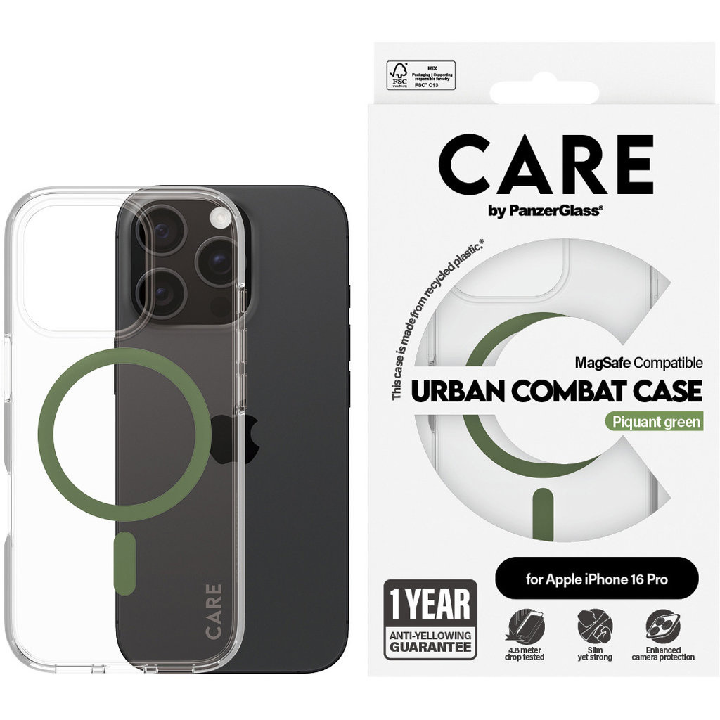 CARE by PanzerGlass CARE by PanzerGlass Flagship Case Transparent Urban Combat w. Green MagSafe iPhone 16 Pro
