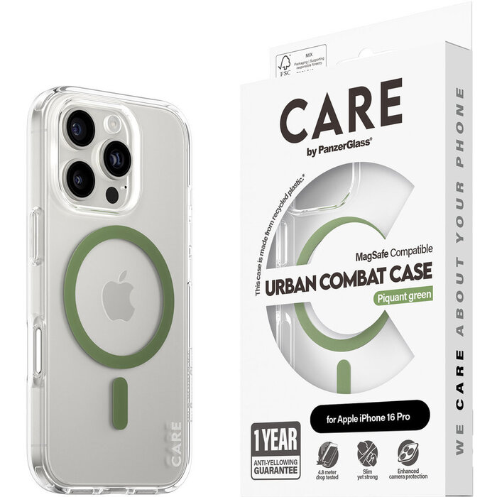 CARE by PanzerGlass CARE by PanzerGlass Flagship Case Transparent Urban Combat w. Green MagSafe iPhone 16 Pro
