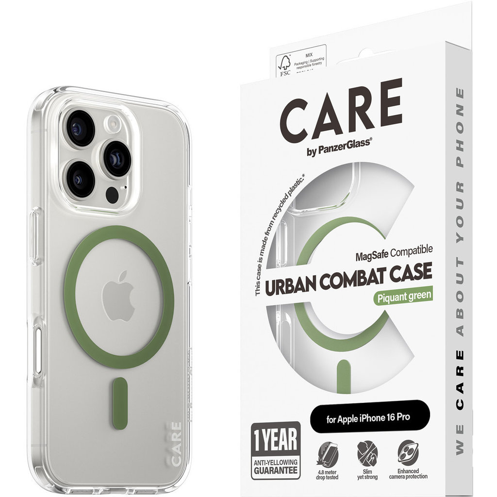 CARE by PanzerGlass CARE by PanzerGlass Flagship Case Transparent Urban Combat w. Green MagSafe iPhone 16 Pro