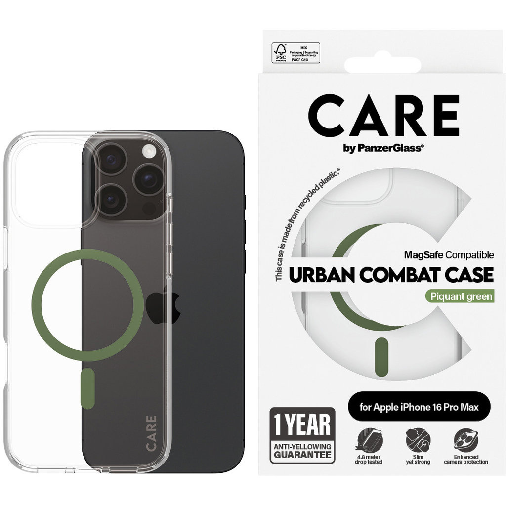 CARE by PanzerGlass PanzerGlass Urban Combat MagSafe Case voor iPhone 16 Pro Max - Transparant/Groen