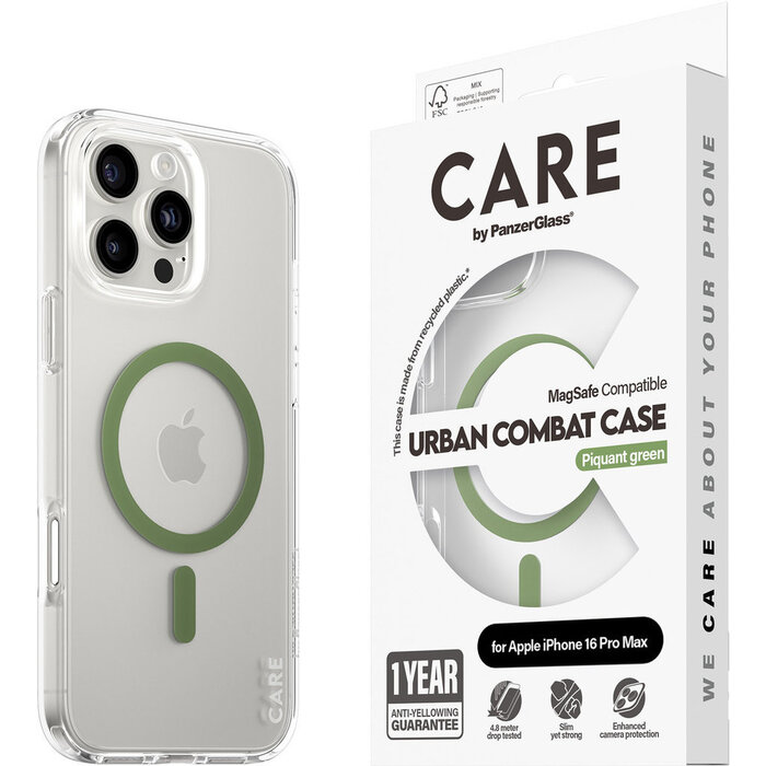 CARE by PanzerGlass PanzerGlass Urban Combat MagSafe Case voor iPhone 16 Pro Max - Transparant/Groen