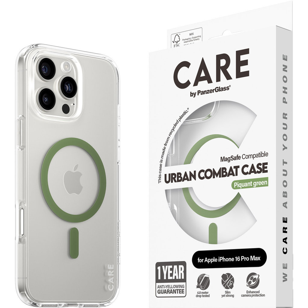 CARE by PanzerGlass PanzerGlass Urban Combat MagSafe Case voor iPhone 16 Pro Max - Transparant/Groen