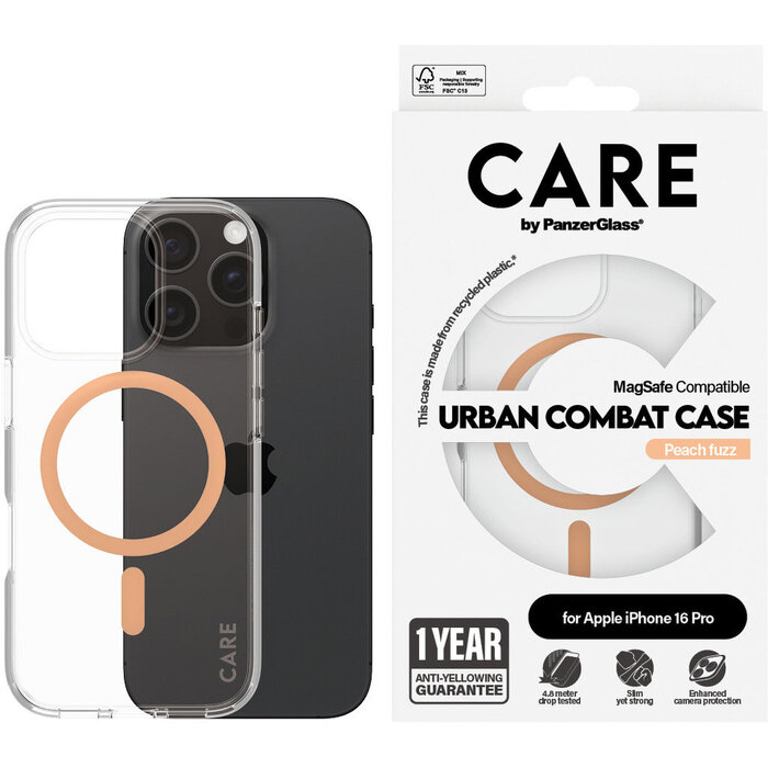 CARE by PanzerGlass PanzerGlass Urban Combat MagSafe Case iPhone 16 Pro - Transparant/Peachy