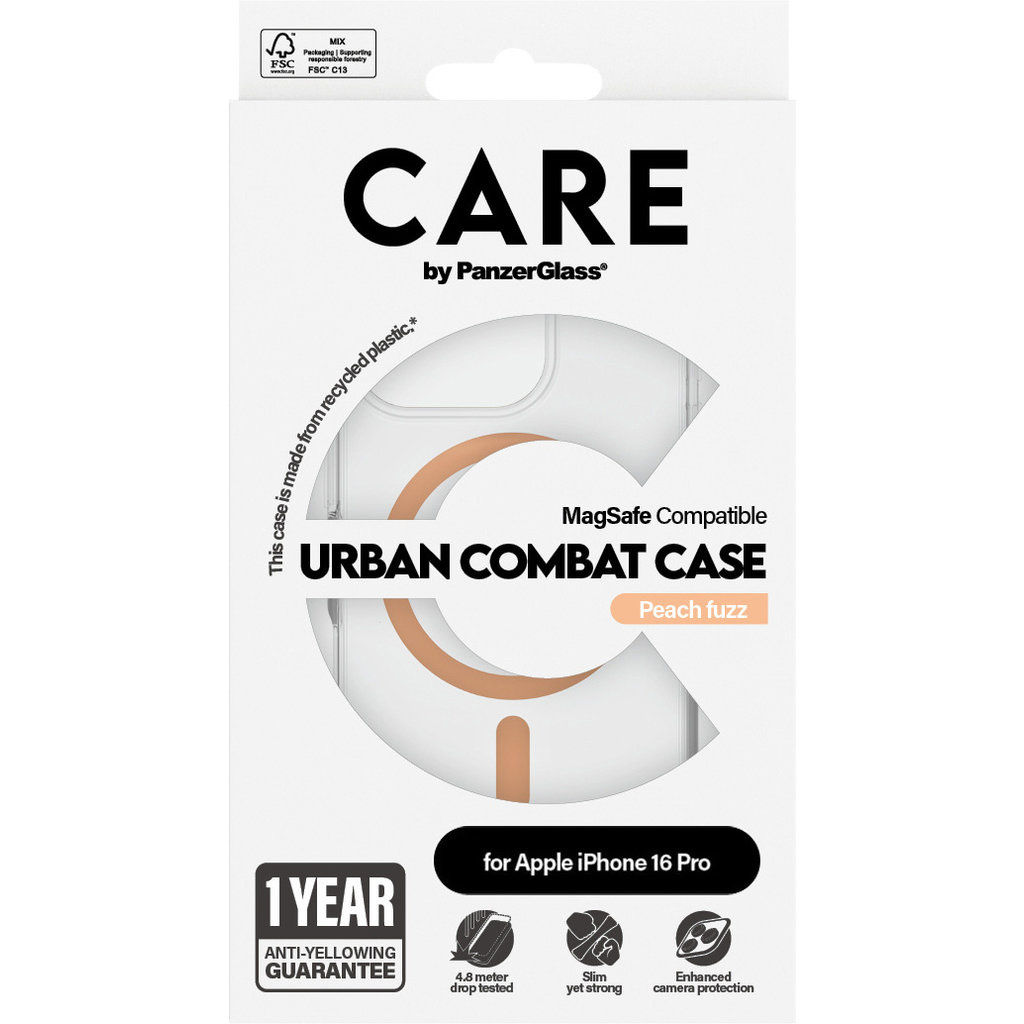 CARE by PanzerGlass PanzerGlass Urban Combat MagSafe Case iPhone 16 Pro - Transparant/Peachy