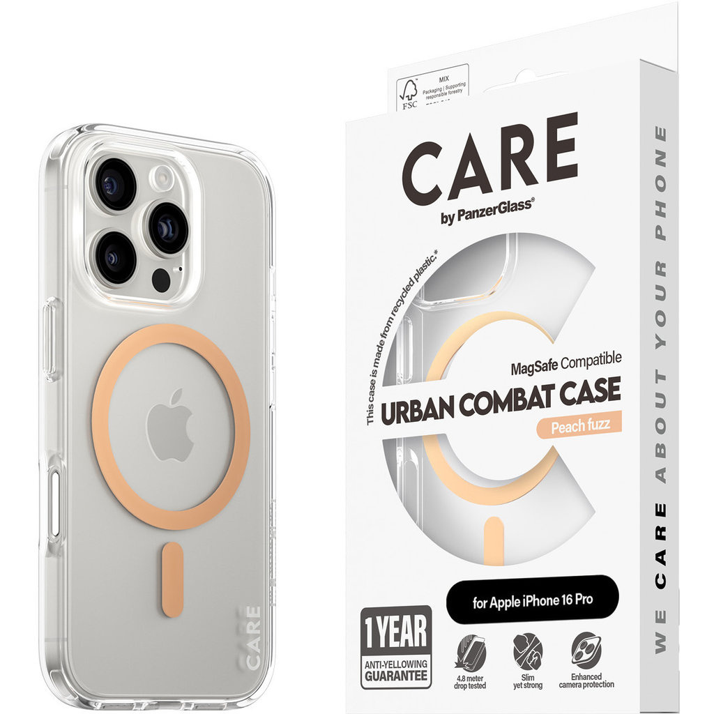 CARE by PanzerGlass PanzerGlass Urban Combat MagSafe Case iPhone 16 Pro - Transparant/Peachy