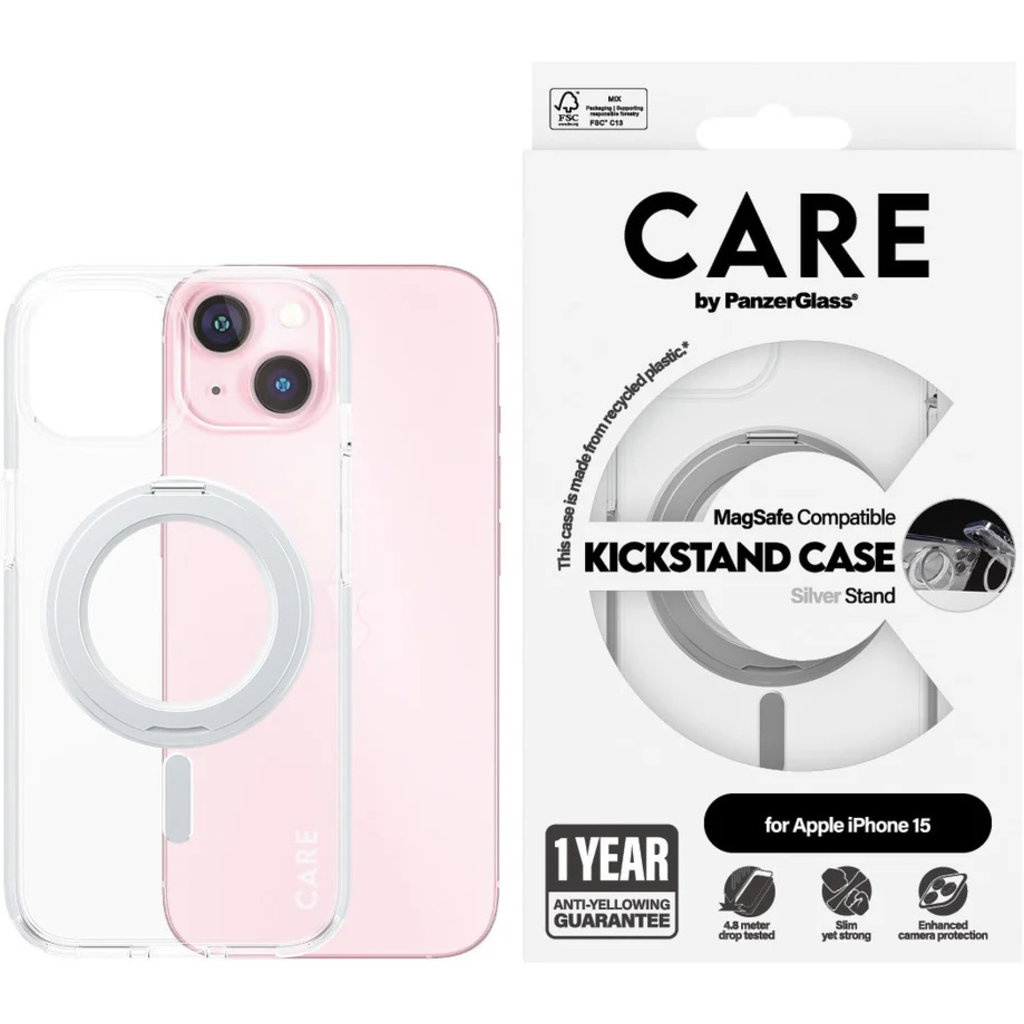 CARE by PanzerGlass CARE by PanzerGlass Feature Case Transparent w. Silver Kickstand & MagSafe iPhone15, foto 2 van 4