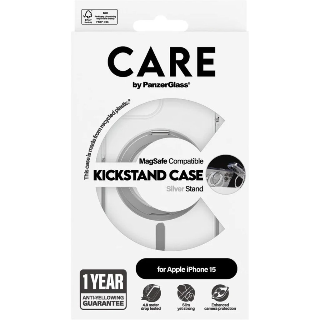 CARE by PanzerGlass CARE by PanzerGlass Feature Case Transparent w. Silver Kickstand & MagSafe iPhone15, foto 3 van 4