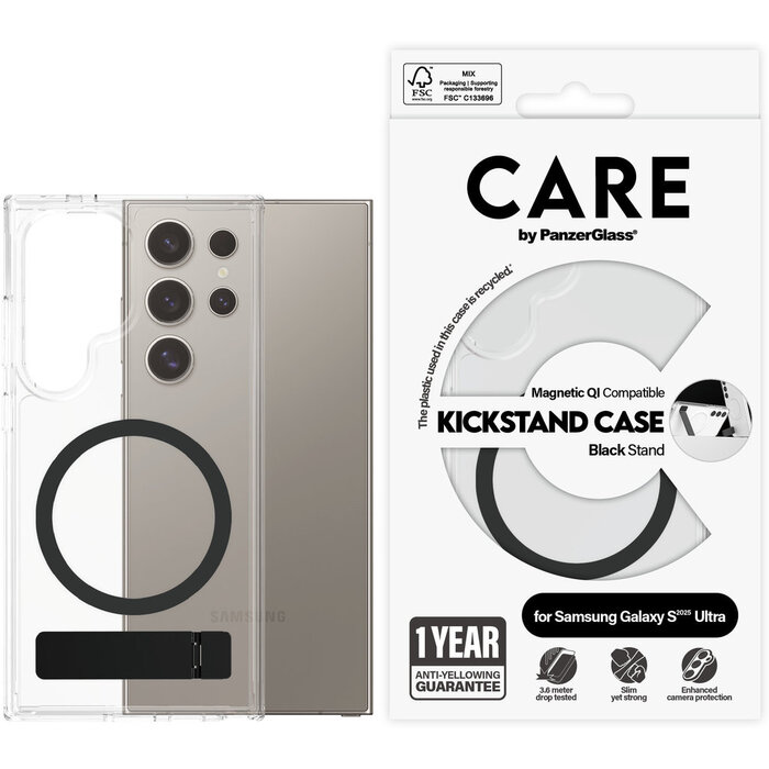 CARE by PanzerGlass CARE by PanzerGlass Feature Case Transparent w. Black Kickstand & QI Samsung S25 Ultra