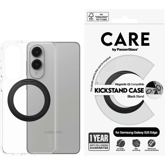 CARE by PanzerGlass CARE by PanzerGlass Feature Case Transparent w. Black Kickstand & QI Samsung S25 Edge