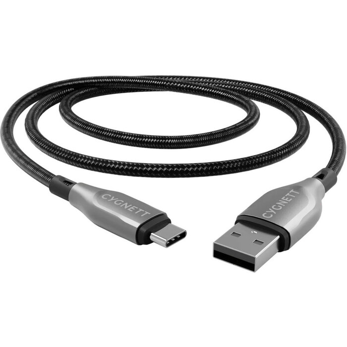 Cygnett Cygnett Armoured USB-C naar USB-A Kabel 2m - Gevlochten Nylon Zwart
