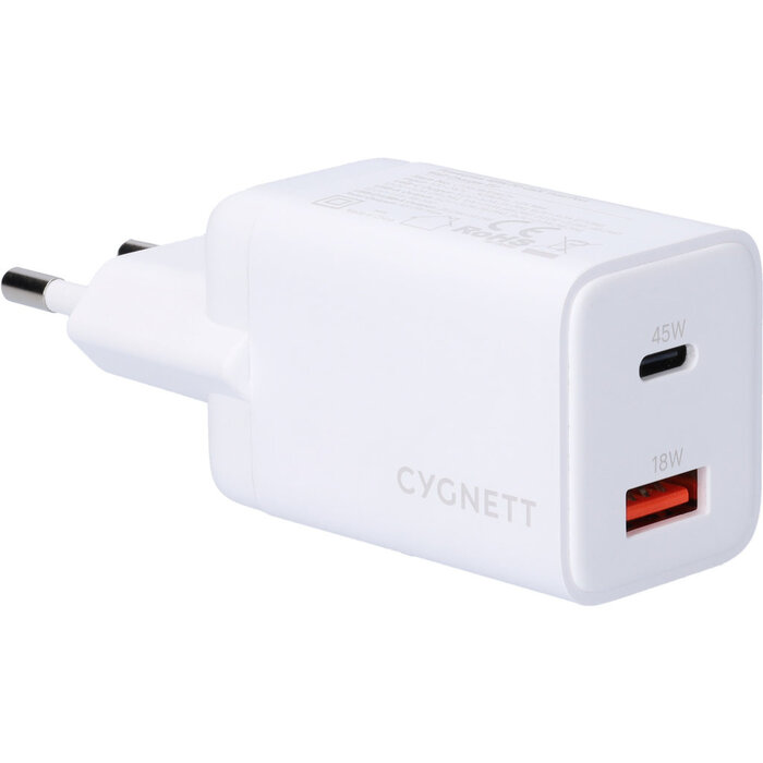 Cygnett Cygnett Powerplus 45W Dual Port Wandlader - USB-C & USB-A - Wit