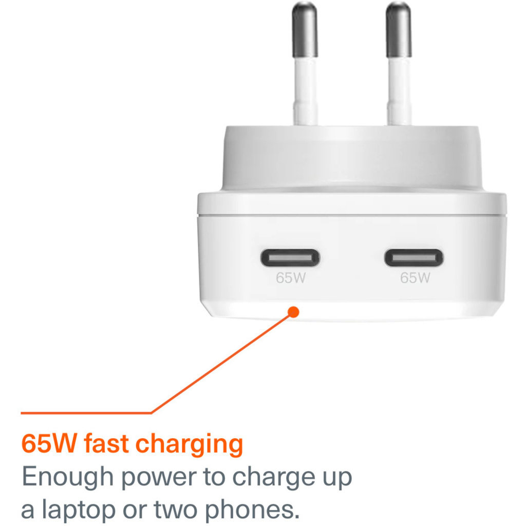 Cygnett Cygnett Chargeplus 65W Dual USB-C GaN Wandlader - Wit